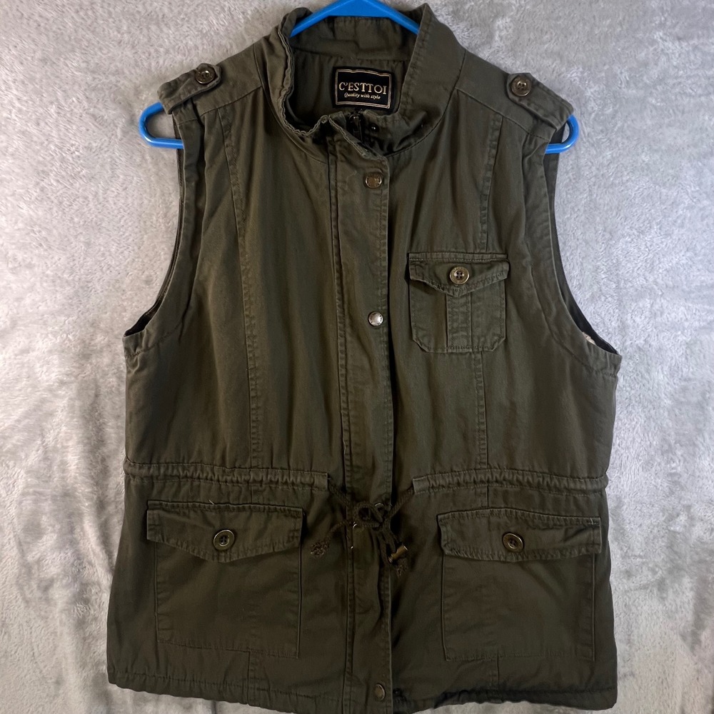 C EST TOI Womens Olive‎ Green Utility Vest Size Large Drawstring Waist Pockets